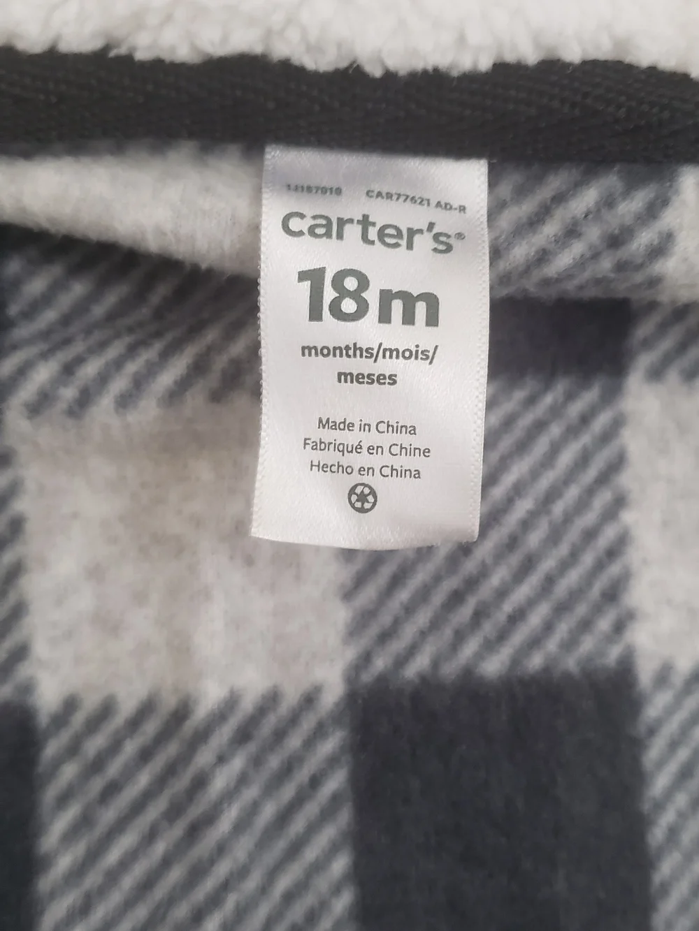 Carter's Hooded Fleece One-Piece in Black & Gray Plaid